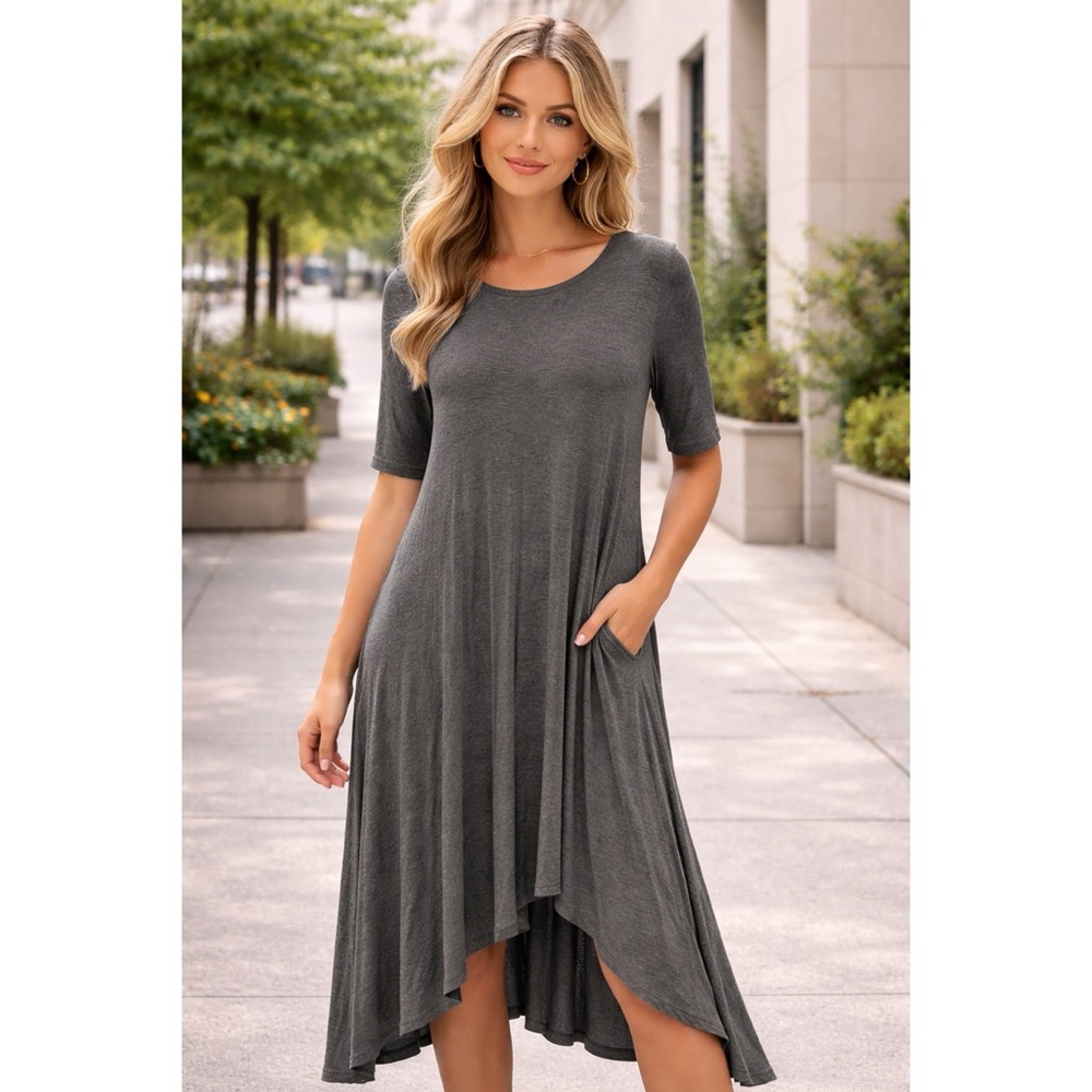 Dress Midi Asymmetrical Gray 3/4 Sleeves, Size M